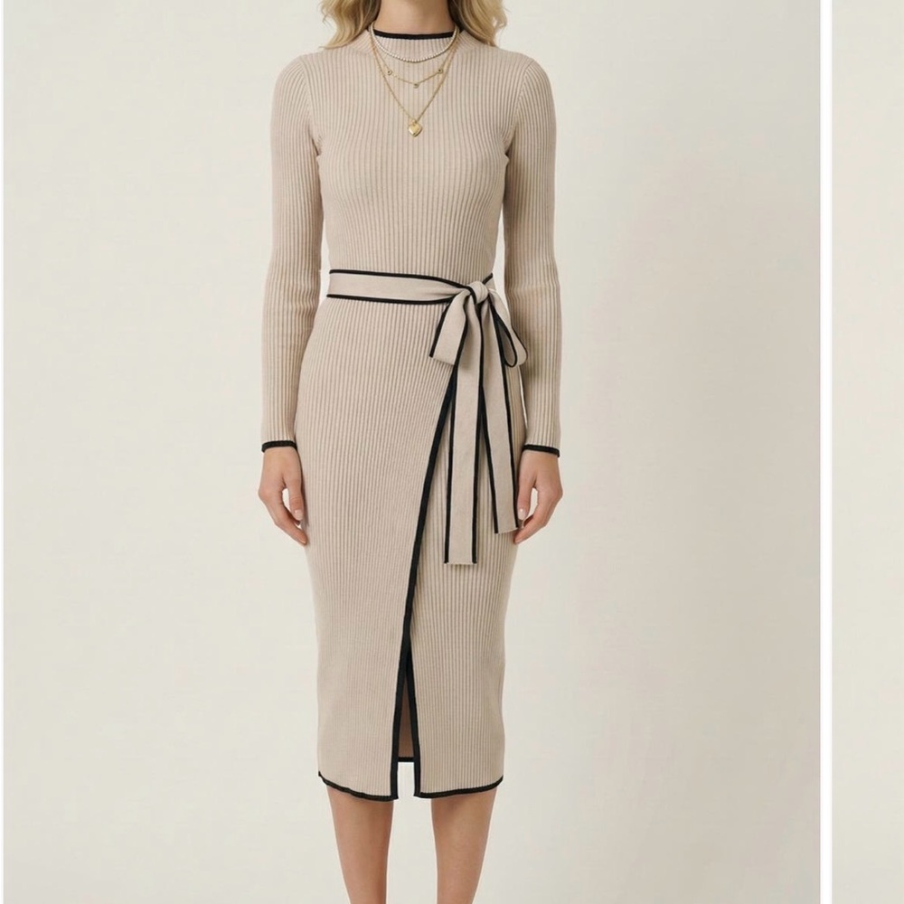 NWT Ribbed Knit Belted Midi Dress in Beige with Contrast Trim